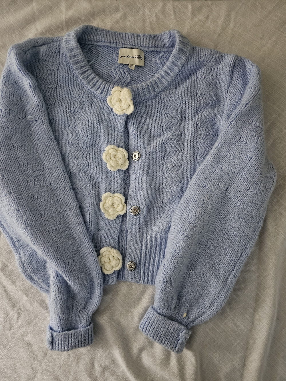 Freshman Light Blue Knit Cardigan with Cream Floral Buttons